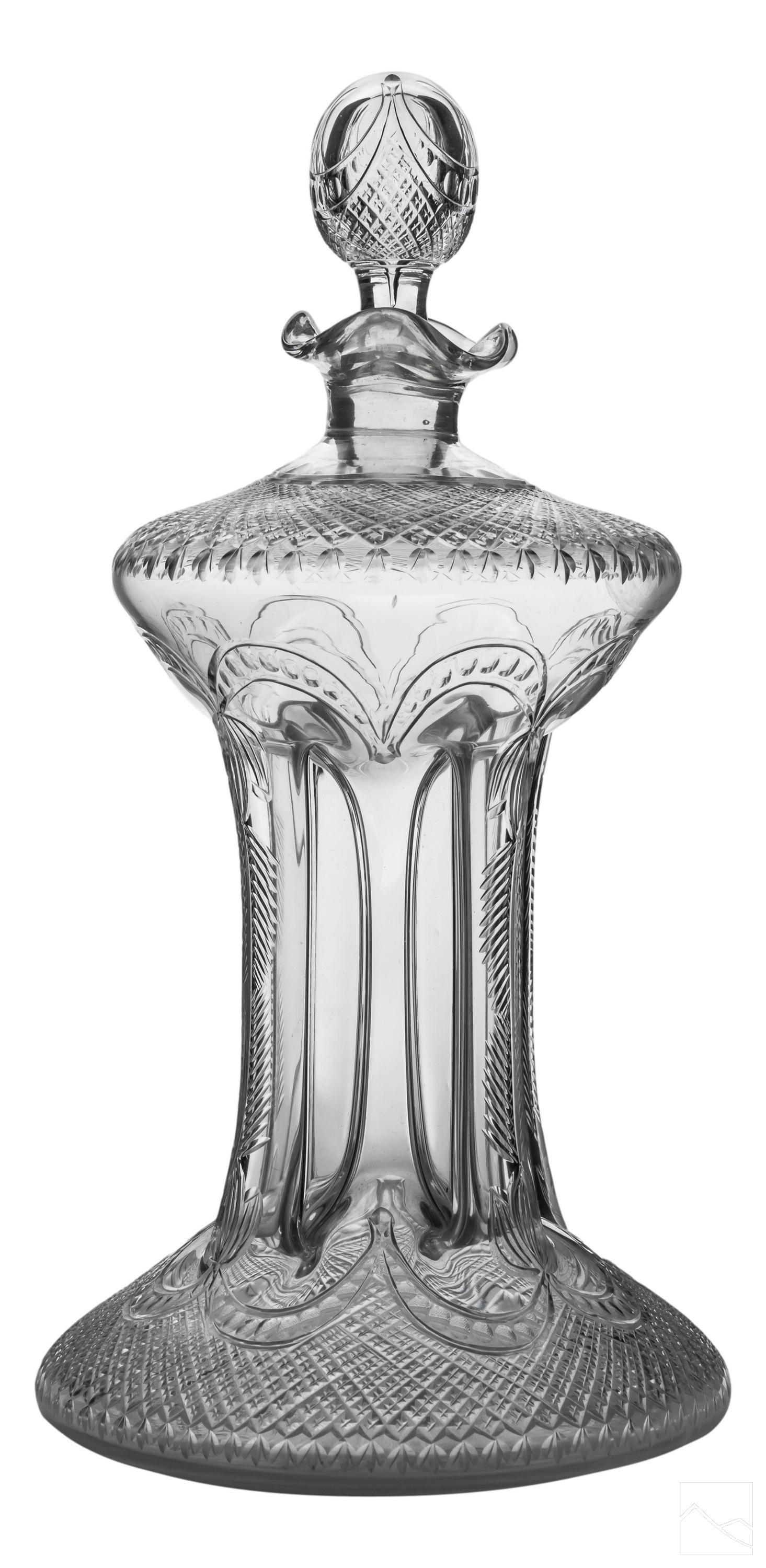 Dutch Glass Antique Kluck Flask Hatch Decanter: Antique Dutch clear glass crystal decanter. Features a fine etched design with pinched center, known as a Kluck Kluck decanter. No apparent makers marks. In the style of Holmegaard. SHIPPING Hill Auct