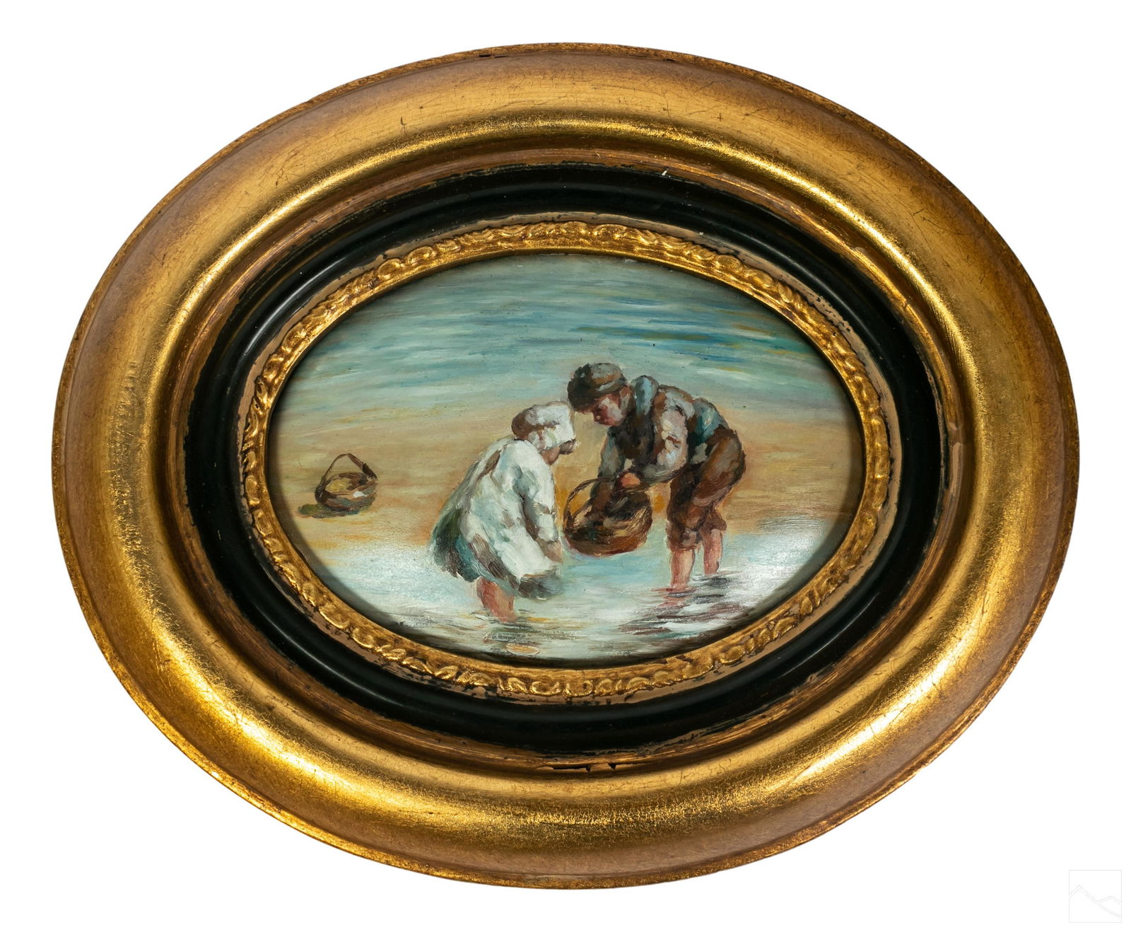 Porcelain Figural Antique Genre Beach Painting: Antique painting on porcelain. Depicts a girl and boy collecting seashells on the beach. Bears label on verso "Roe Bros Raphael House Meadows St Weston Super Mare." No apparent artist signature. Prese