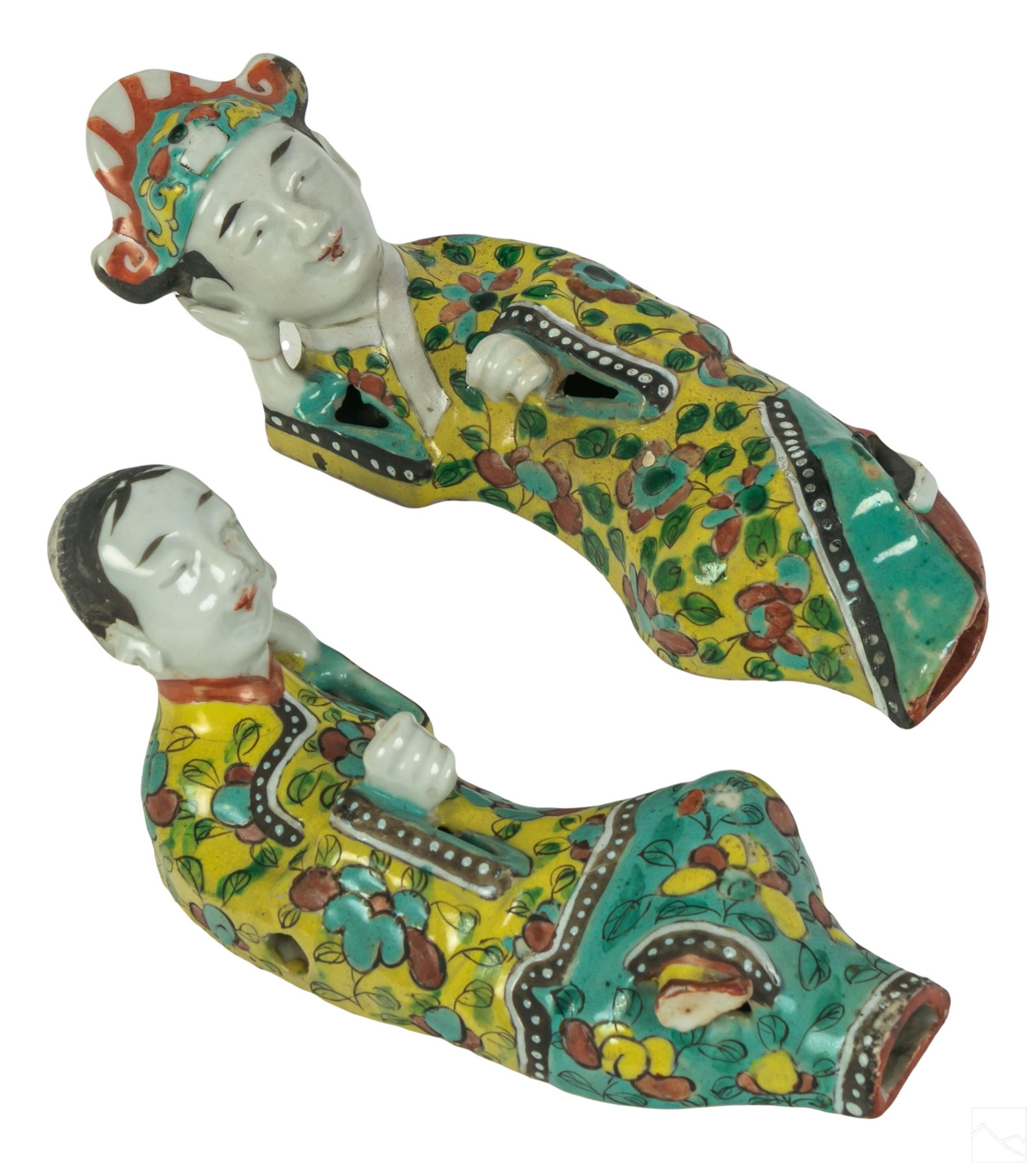 Chinese Antique Porcelain Figural Opium Appliances: Pair of scarce figural glazed porcelain figurines. A matched pair with male and female subject, modeled reclining and with hole openings, possibly purposed for the consumption of opium smoke. Hand pai