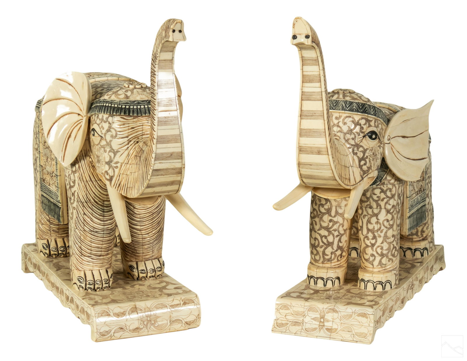 Chinese Carved Inlay Bone Elephant Sculptures PAIR: Two large Chinese elephant sculptures. Crafted from inlaid bone, each finely etched with foliate and flower design and carved details, including dragon with pearl motif to the sides of each elephant. 