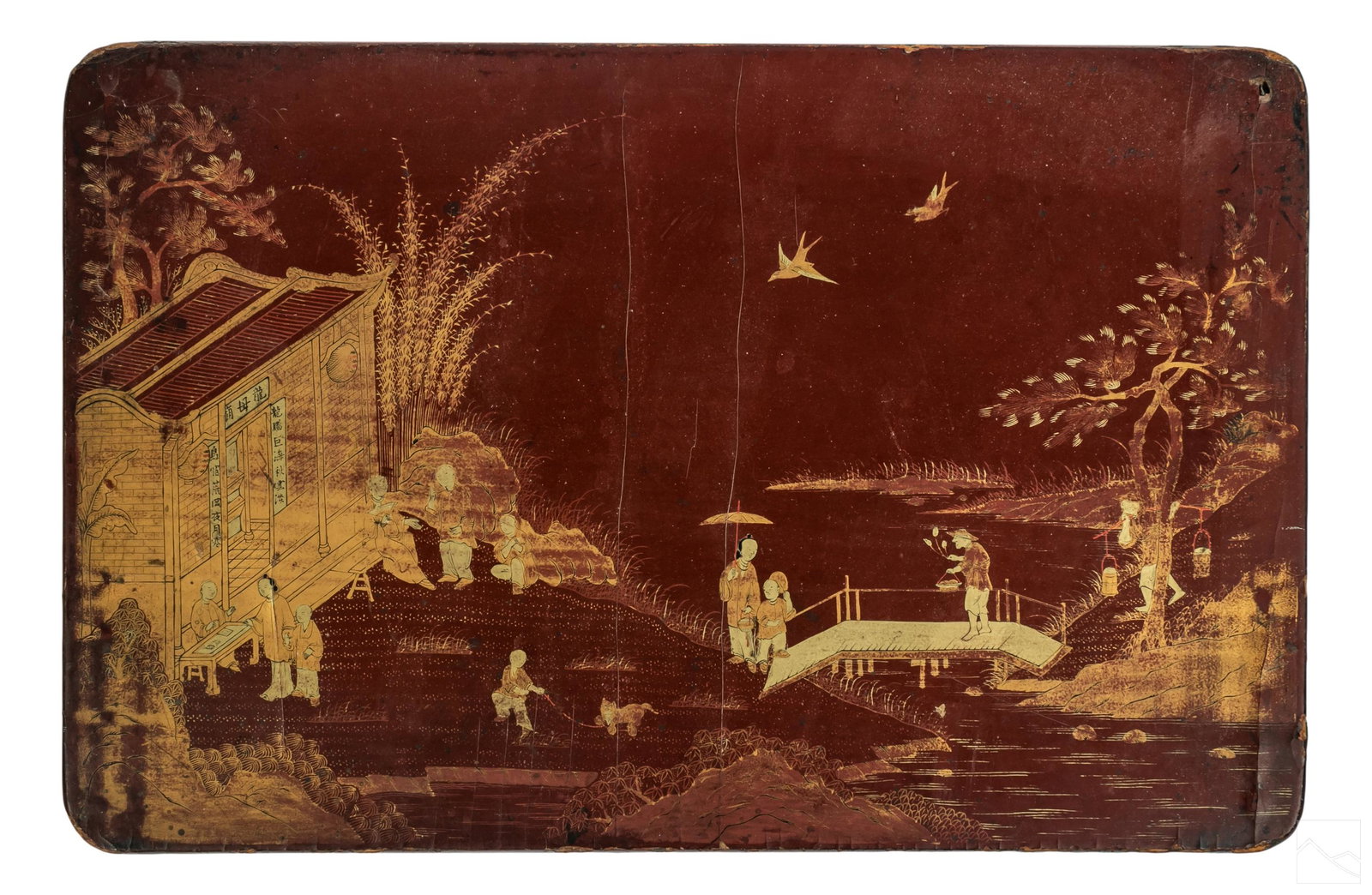 Chinese Figural Red Gold Lacquered Landscape Panel (1 of 4)