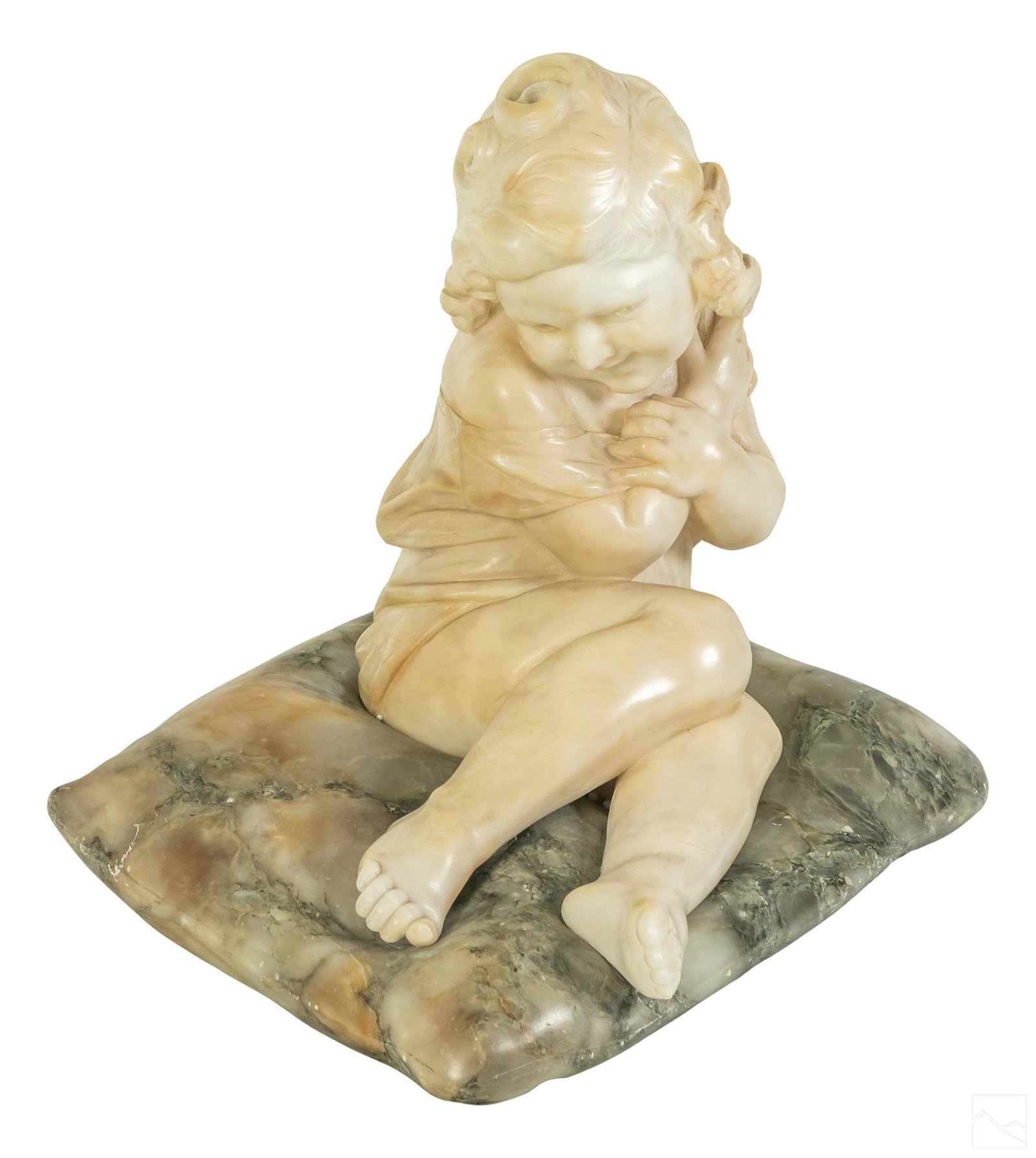 Italian Art Nouveau Antique Alabaster Sculpture: Fine Italian Art Nouveau style dual color carved alabaster sculpture. Depicts a smiling child seated on a pillow. No apparent signature. SHIPPING HILL AUCTION GALLERY WILL NOT SHIP. We will refer thir