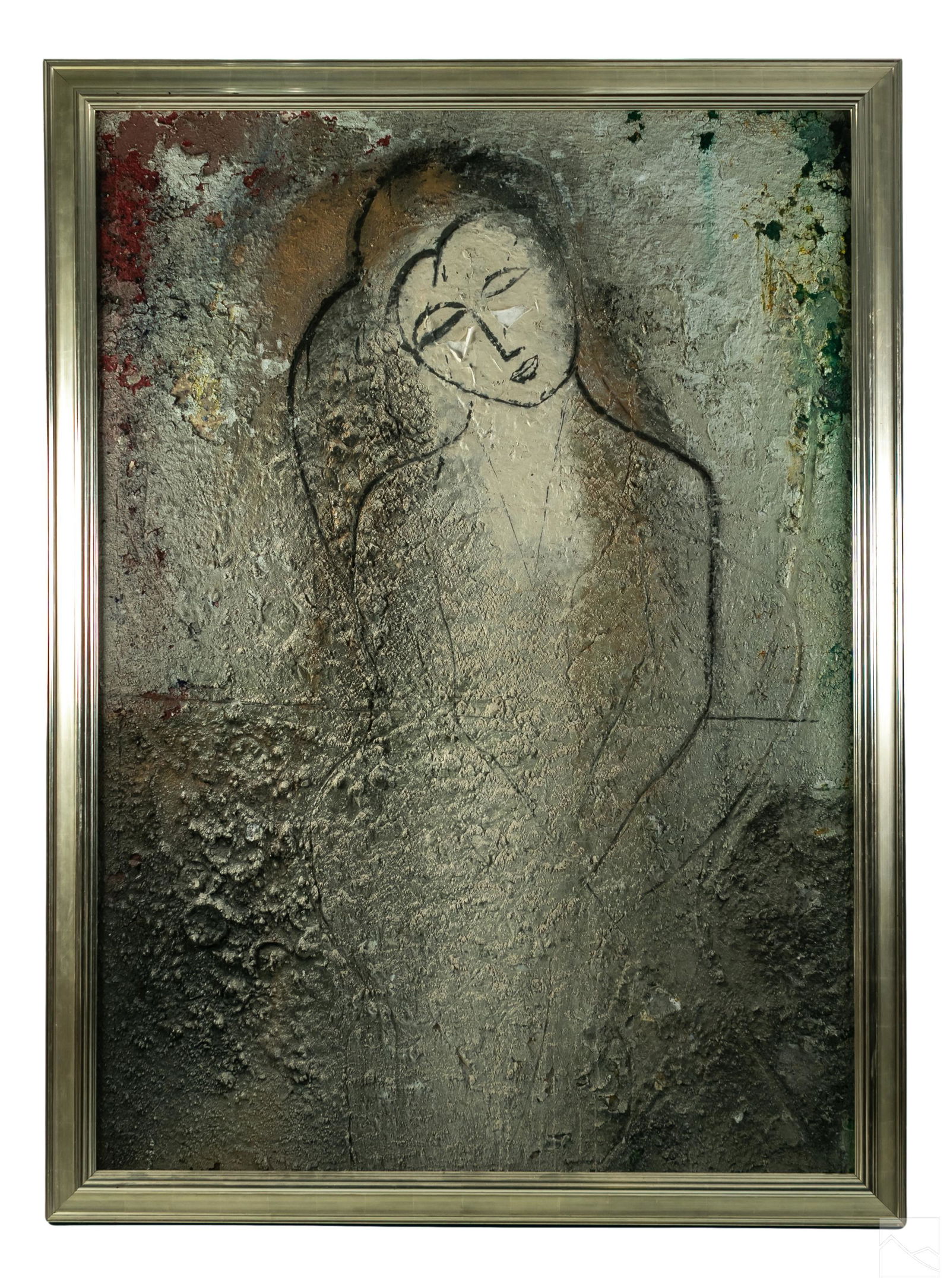 Jamali (b.1944) Modern Avant Garde Fresco Painting: Jamali (Pakistani American, born 1944). Original gallery sized mixed media fresco tempera painting. A modern figural composition depicting a young smiling abstract female subject, painted in a palette