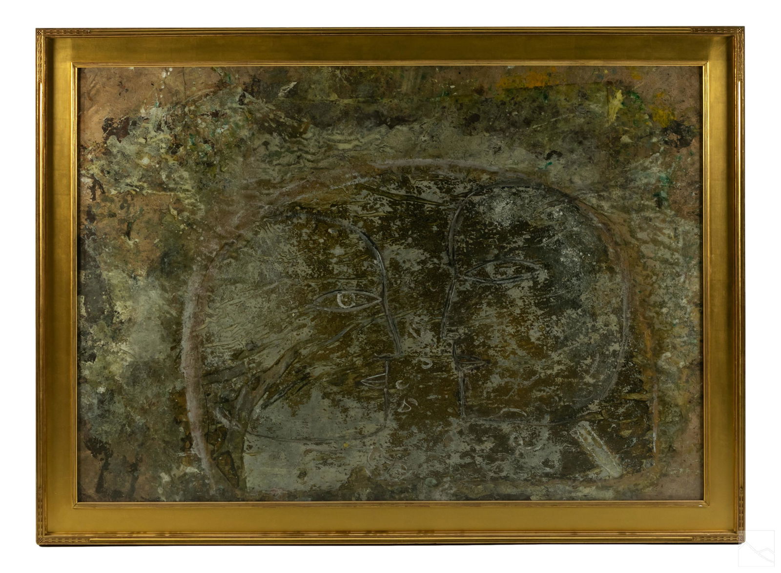 Jamali (b.1944) Modern Avant Garde Fresco Painting: Jamali (Pakistani American, born 1944). Original gallery sized mixed media fresco tempera painting under glass. A modern figural composition depicting abstract faces looking towards one another. Paint