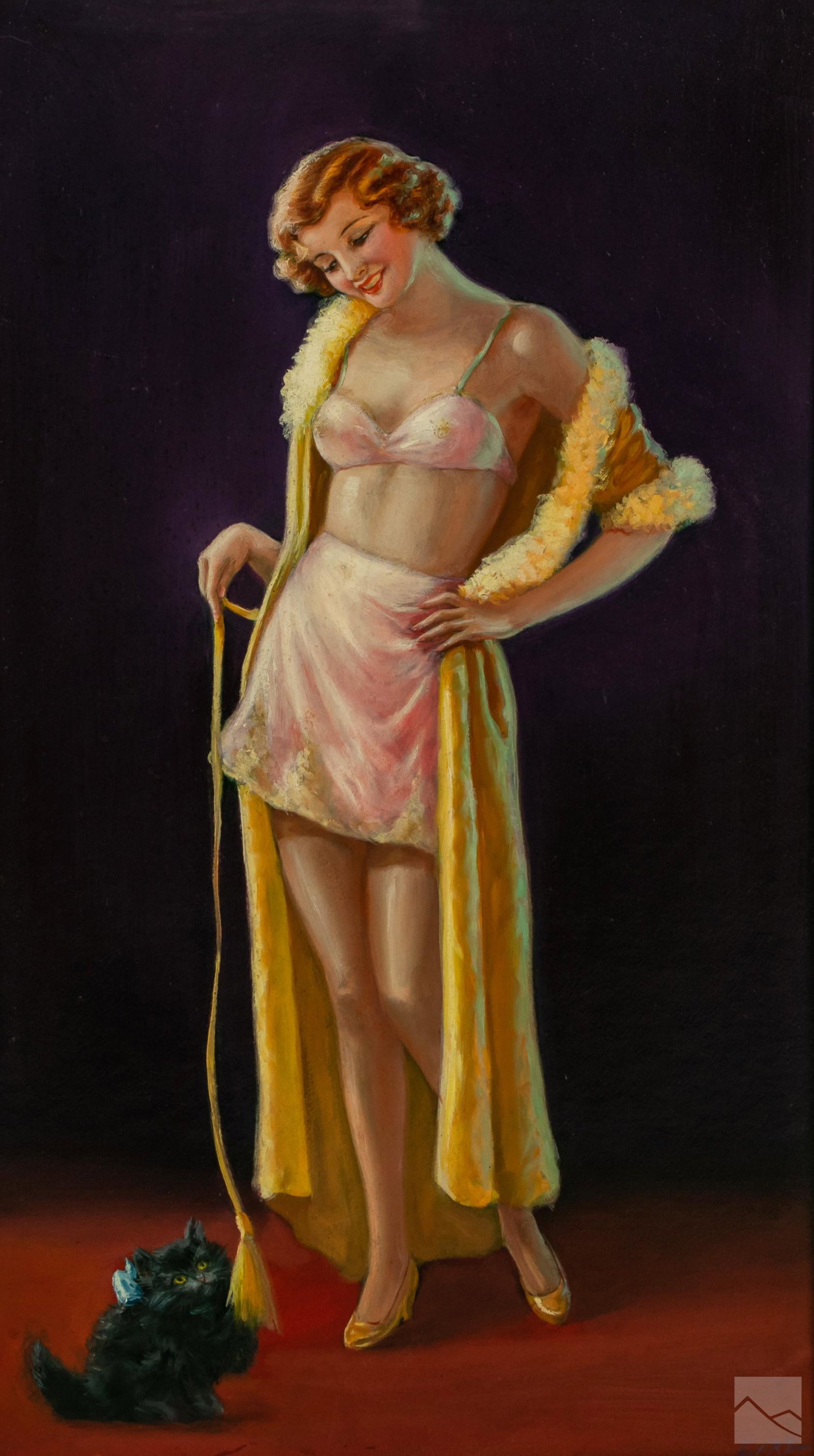 Eyre SIGNED Nude Painting, manner Edward Eggleston: Eyre (American, 20th Century). Original oil painting on board. A Pin Up Girl style illustration with a female figure in pink silk night gown, yellow feathered night robe, and yellow pumps, with a blac