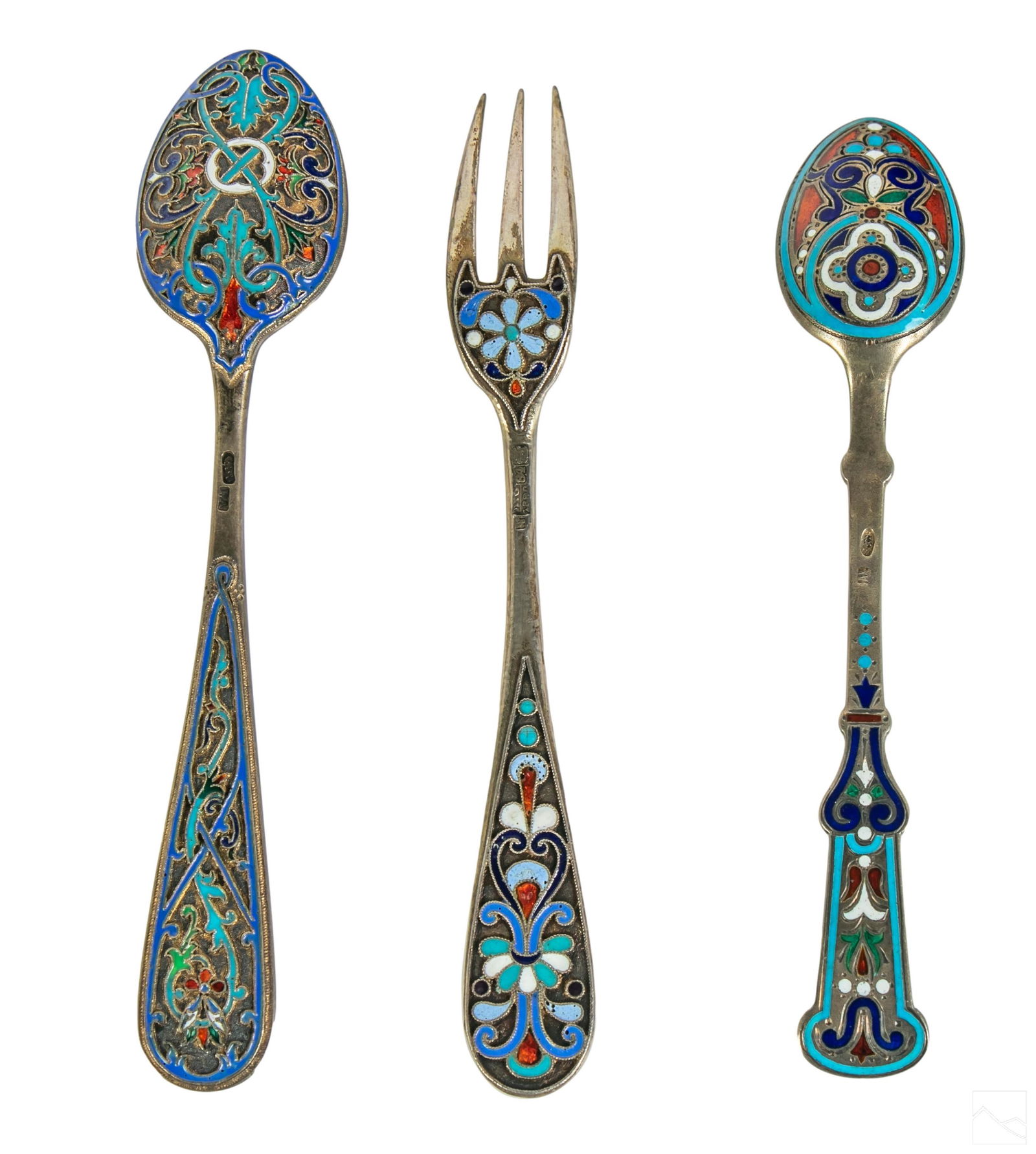 Russian Antique Enameled Silver Fork & Spoons 72g. (1 of 4)