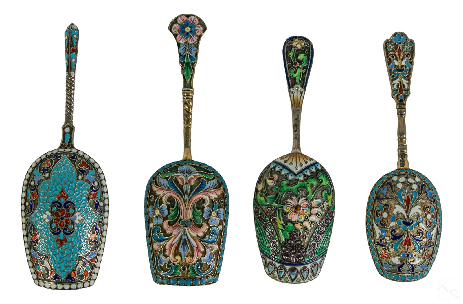 Russian Antique 84 Silver Enamel Sugar Spoons 126g: Set of four (4) antique Russian silver enameled sugar spoons. Each spoon features an enameled handle and ornately detailed enameled spoon. Includes: (1) 4.75" x 1.5" spoon, no apparent marks; (1) 2.75