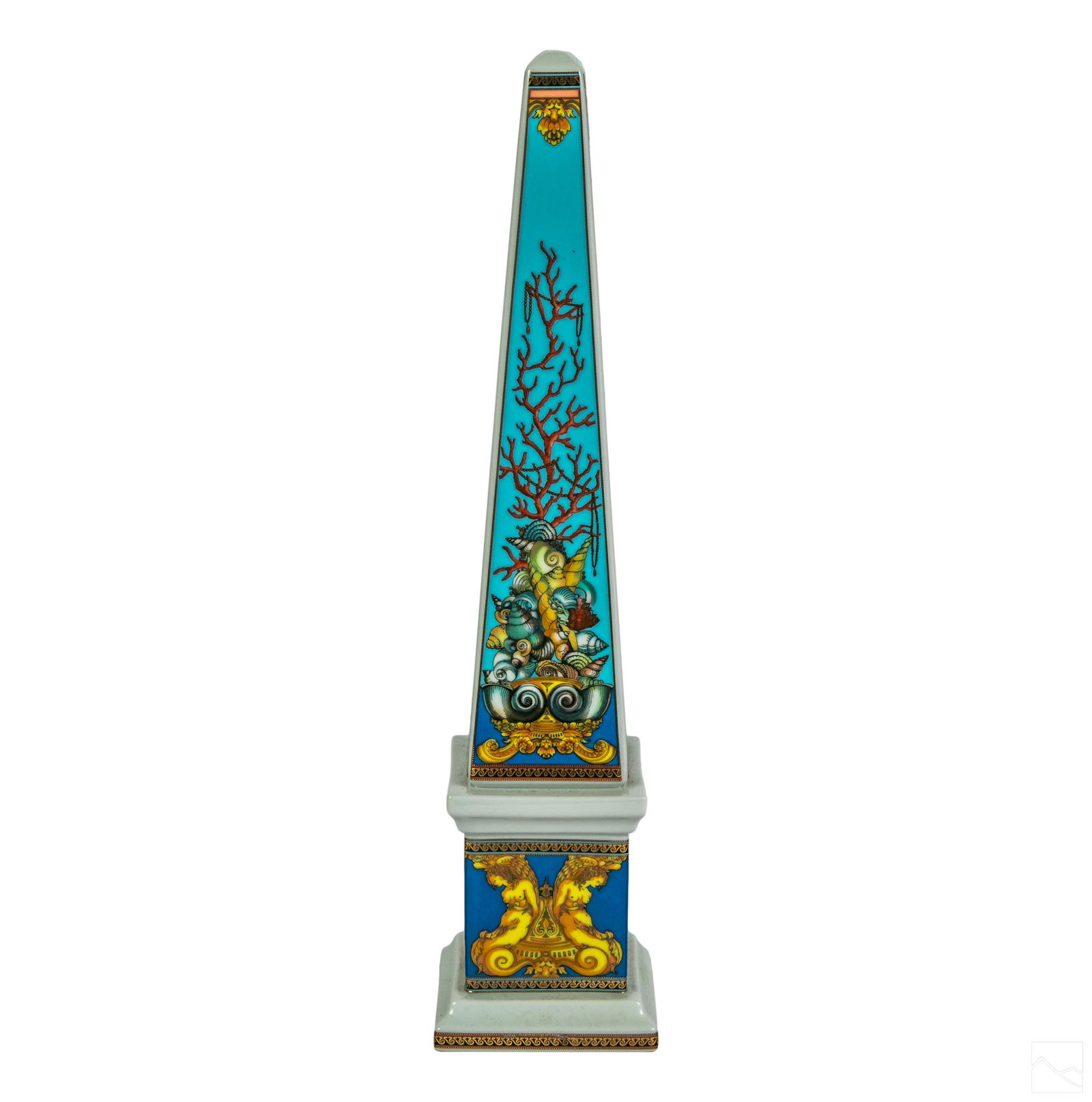 Versace Rosenthal Porcelain 15" Obelisk Sculpture: Versace for Rosenthal designer porcelain obelisk sculpture in the Les Tresors De La Mer pattern. Blue and marigold with gilt accents throughout, in a striking sea motif. Brand stamp to underside. Very