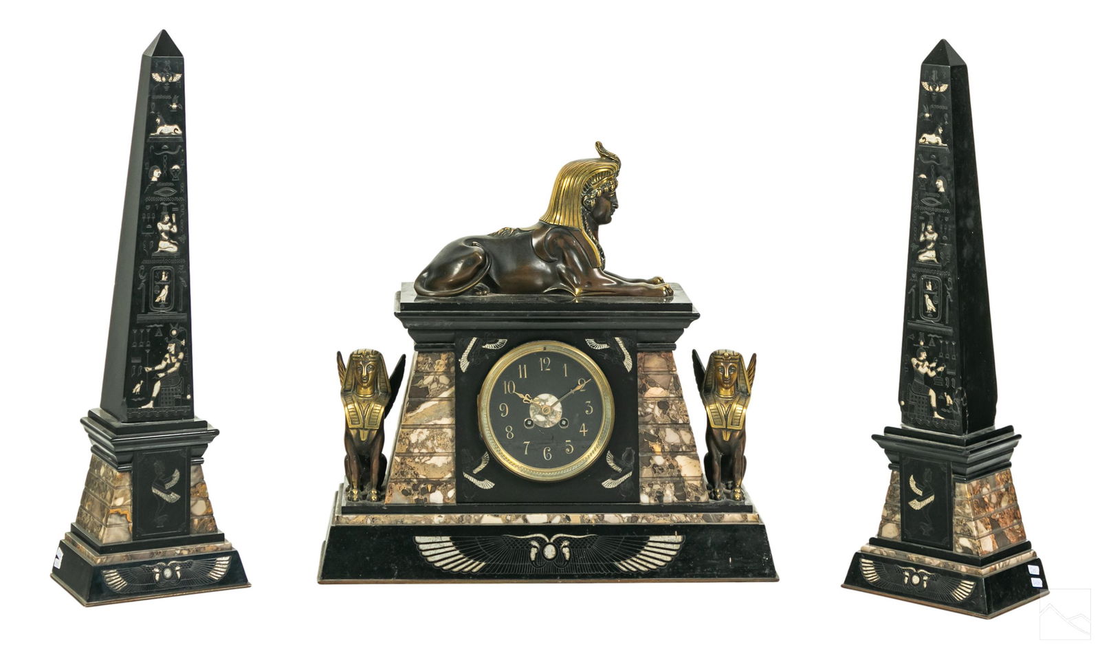19C. Egyptian Revival Marble Clock & Obelisks Set (1 of 12)