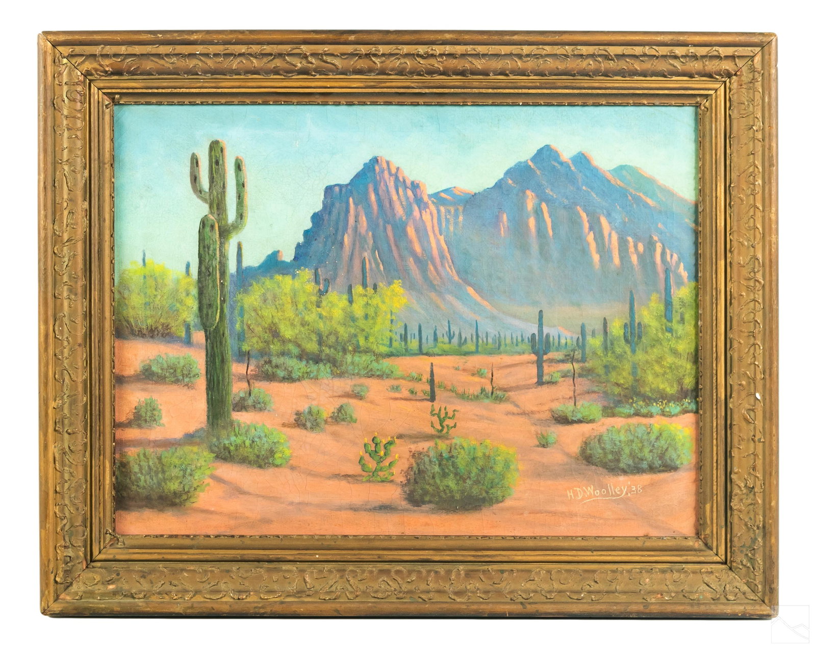 H.D. Woolley 20C. WPA Southwest Landscape Painting: H.D. Woolley (American, Early 20th Century). Original oil painting on canvas. A WPA Federal Art Project style work in a sweeping Southwestern American landscape with red rock, juniper, cactus, and oth