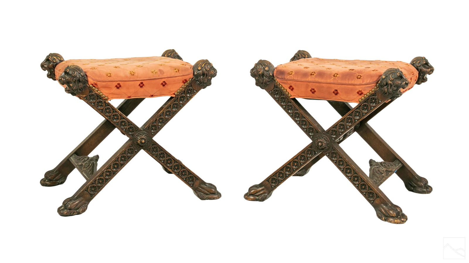 Victorian Antique Carved Wood X Frame Stools PAIR (1 of 8)