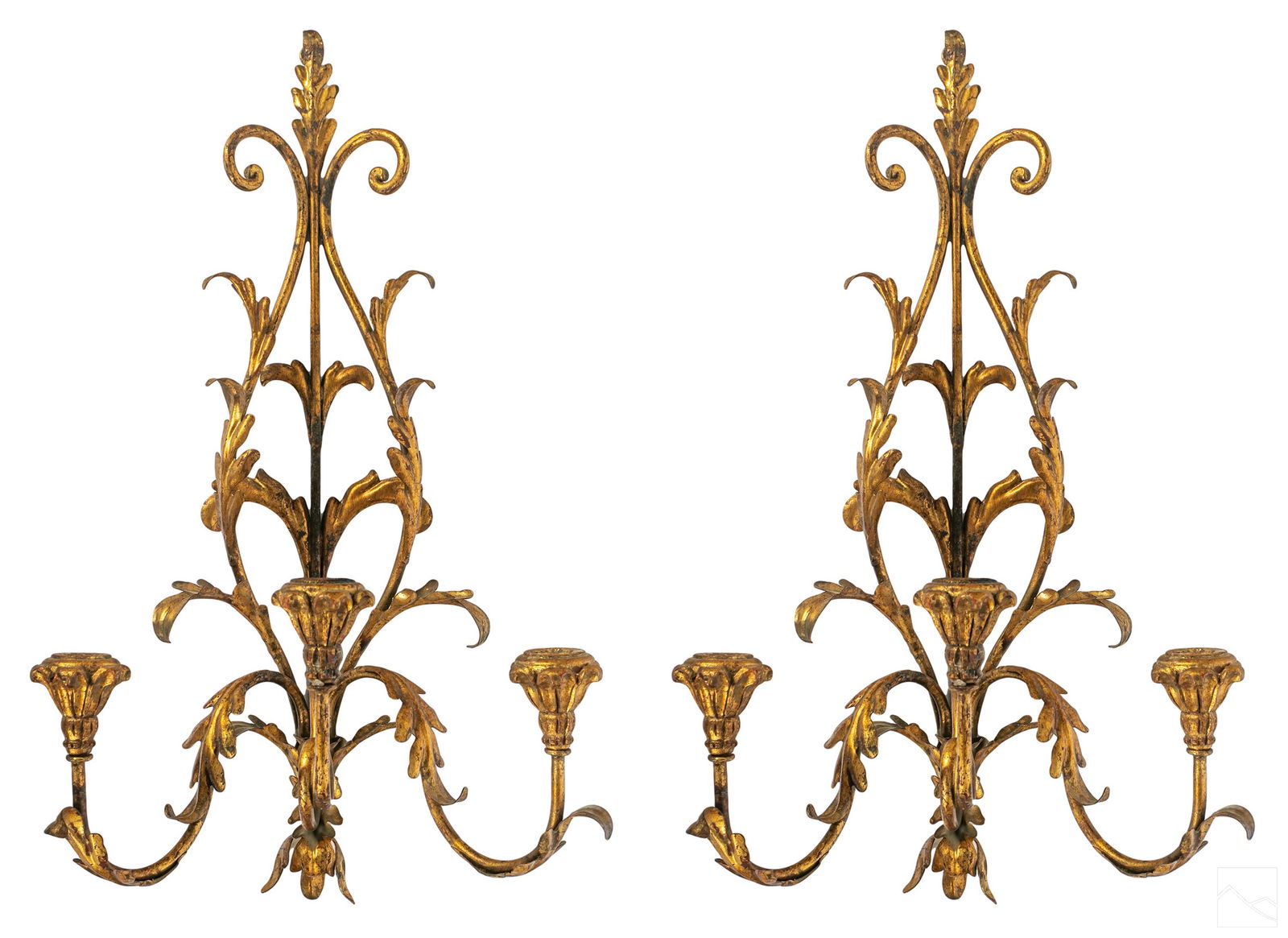 Gilt Metal Antique Triple Wall Sconce Candelabras (1 of 6)