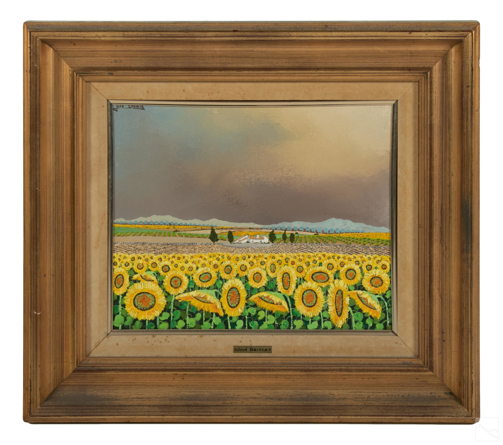 Jose Daroca (b.1932) Spanish Folk Art Oil Painting: Jose Daroca (Spanish, born 1932). Original oil painting on canvas. Titled, "Girasoles" ("Sunflowers"), a Spanish landscape painted in the artist's naive, self taught style. Fields of colorful flora to