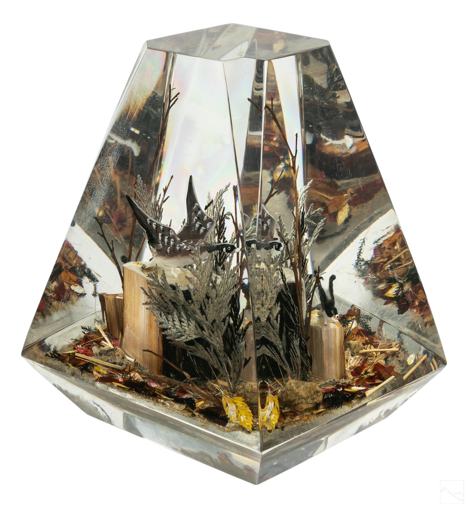 Modern Lucite Geese Wildlife Paperweight Figurine: Oversized Mid Century Modern lucite sculpture. Featuring encased autumn wildlife scene with Canadian Geese and other fall seasonal foliate design. No apparent signature. SHIPPING Hill Auction Gallery 