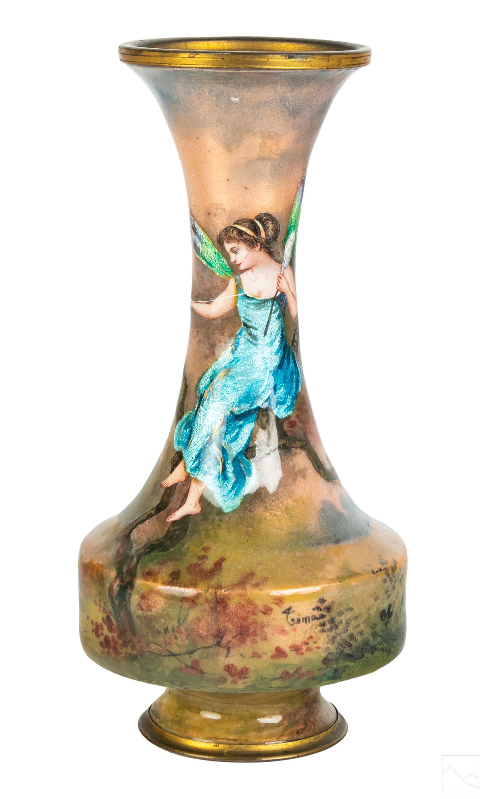 French Art Nouveau Artist Signed Enamel Fairy Vase (1 of 6)