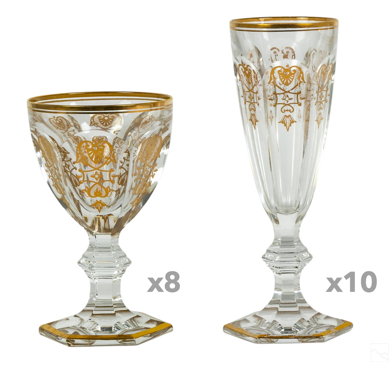 Baccarat French Crystal Empire Bowls & Glasses SET: Collection of 18 Baccarat French crystal pieces in the Empire pattern. Elaborate, gold encrusted design produced on the Harcourt crystal blank, which dates to 1841. Includes eight (8) claret wine glas