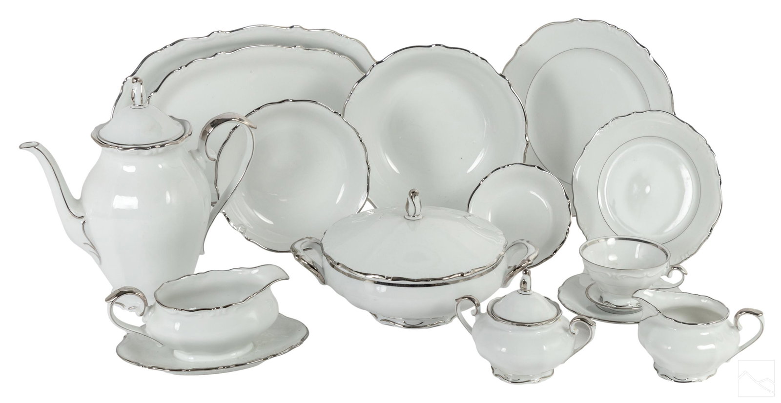 Schaller Winterling Bavaria China Dinner 110pc SET: 110 piece Bavarian German bone china porcelain dinner service set, produced circa 1955 to 1960 by the Porzellanfabrik Oscar Schaller division of Genruder Winterling. Features a scalloped platinum trim