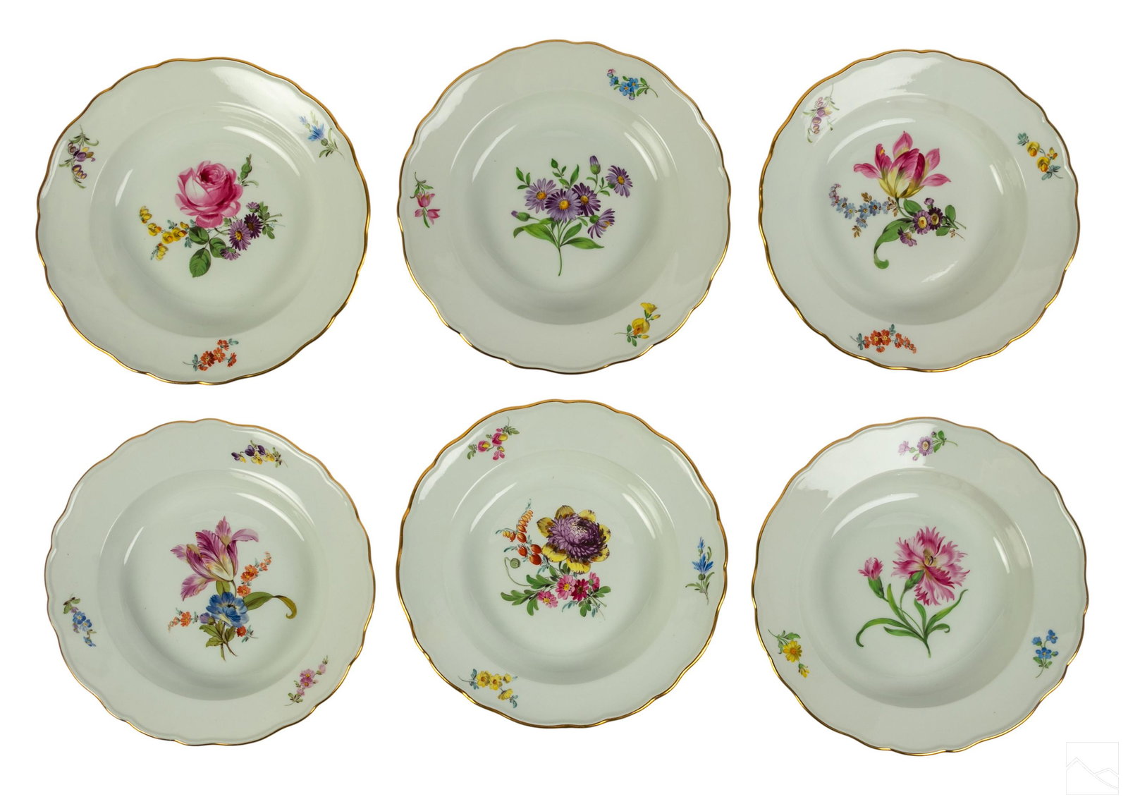 Meissen German Porcelain Gilt Floral Soup Bowl SET: Meissen (German). Set of six fine quality German porcelain soup bowls. Featuring hand painted botanical flower design, with gold gilt border. Signed with blue crossed swords Meissen mark. SHIPPING Hil