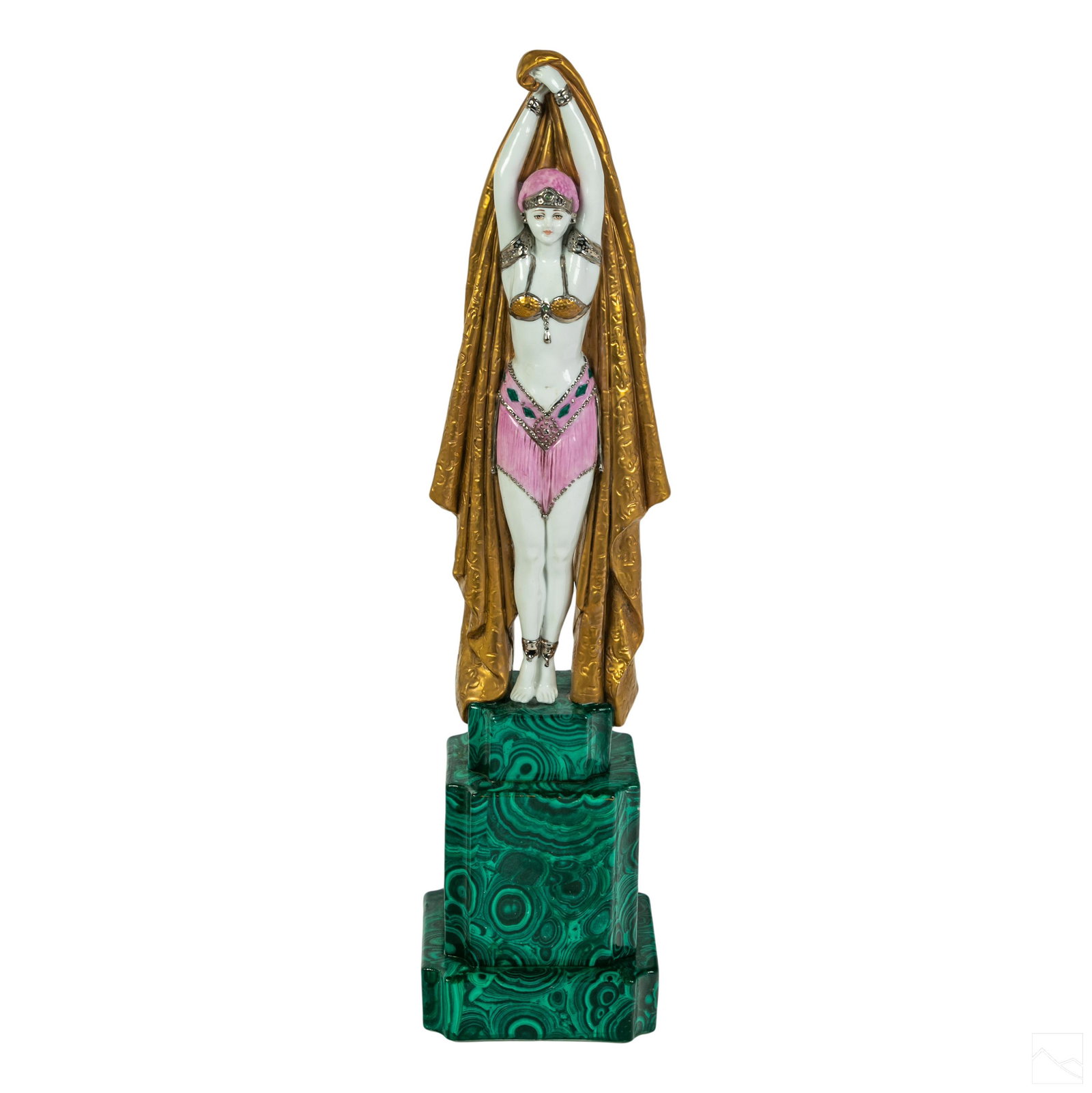 Tiche Italian Porcelain Deco Style Dancer Figurine: Italian glazed porcelain figural sculpture, produced circa 1965 in an Art Deco motif, with semi nude bathing beauty style dancer draped in heavily gilded gold robe, balanced on a green marbleized plin