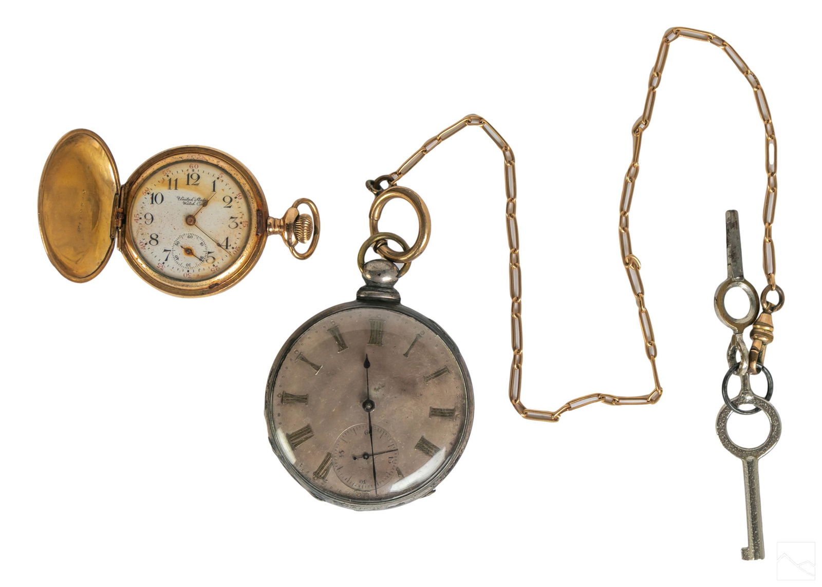 14K Gold Filled & English Antique Pocket Watch LOT: Estate collection. Includes one antique 14k gold filled pocket watch with hinged cover by United States Watch Co., with raised relief floral and scrolling decoration to exterior, and impressed referen