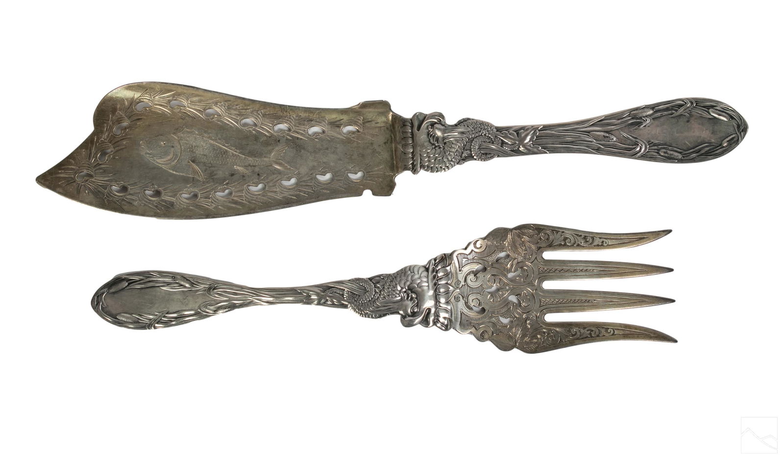 French Chinoiserie Silver Dragon Fish Serving Set (1 of 7)