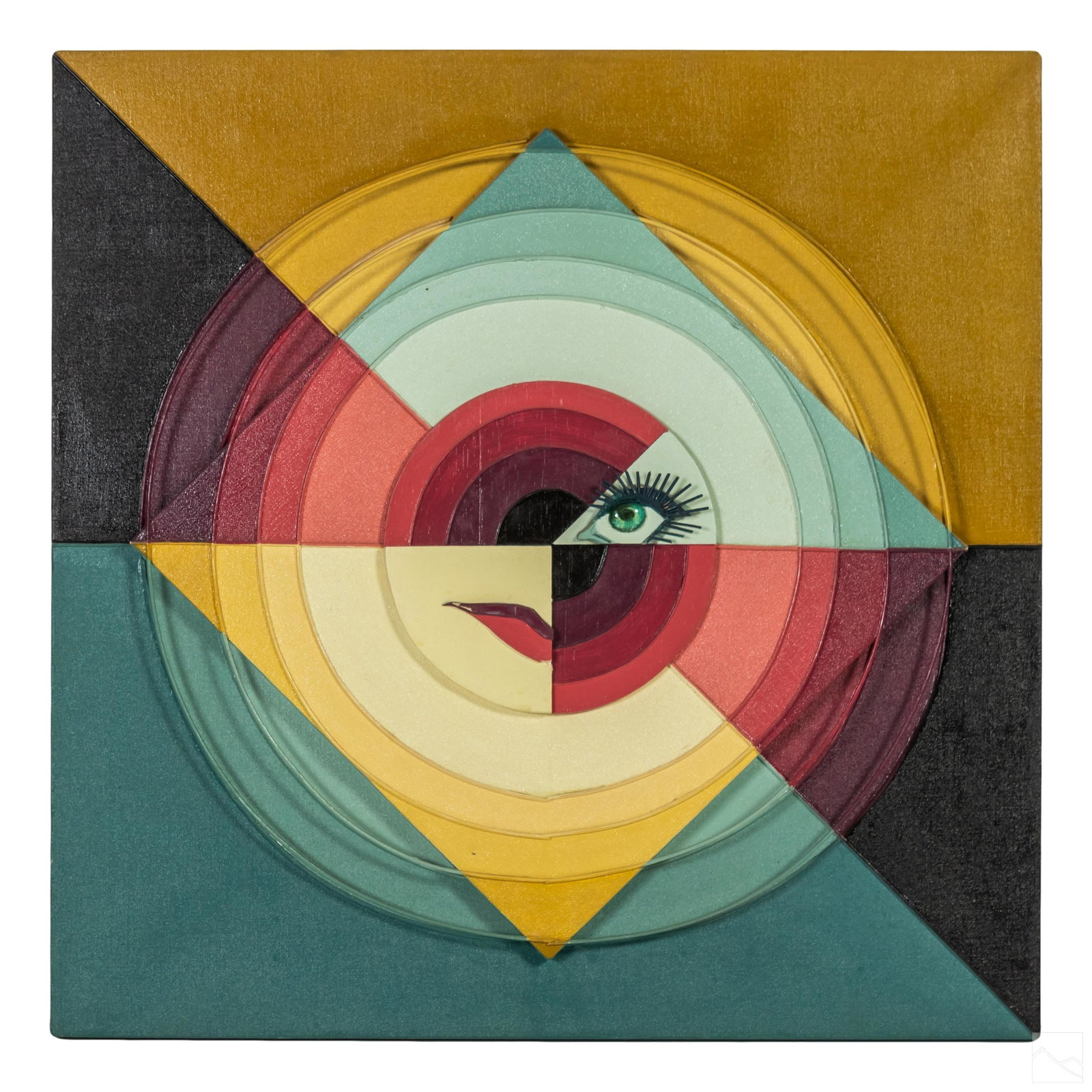 Perry DeFrancesco 20C. Figural Surrealism Painting: Perry DeFrancesco (American, 20th Century, fl. 1960s to 1980s). Original mixed media painting. Titled "Beyond Summer 1972." Features an abstract figural image of an eye and lips in a blue, pink, yello