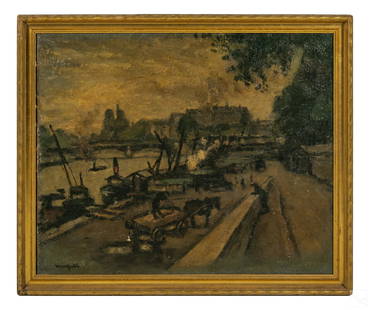 Paris Fauvism Street Painting after Albert Marquet: Oil painting on canvas of Parisian cityscape after Albert Marquet (1875-1947). Depicts a canal with ships in foreground. A man in a horse drawn cart in lower center. Darkened surface with older restor