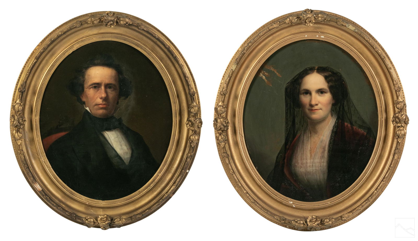 19C Antique Husband & Wife Portrait Paintings PAIR (1 of 10)