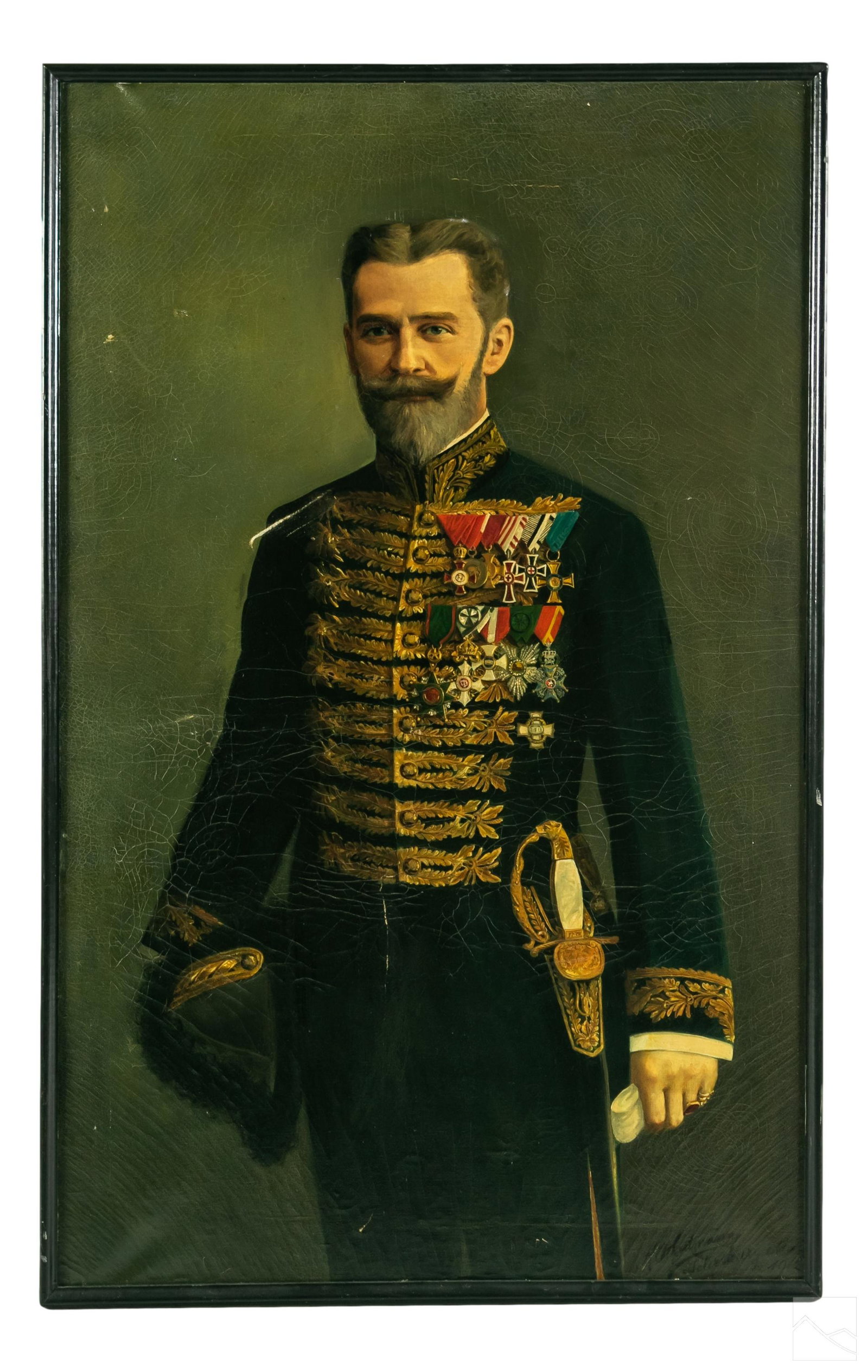 A. Hartmann SIGNED 20C Edwardian Portrait Painting: A. Hartmann (20th Century). Original oil painting on canvas. A figural portrait featuring an early 20th Century senior military officer subject, possibly Royal Navy, wearing a profusion of military ri