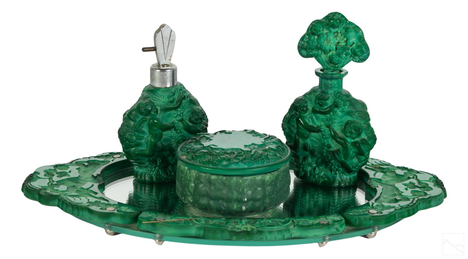 Bohemian Czech Art Deco Malachite Glass Vanity Set (1 of 7)