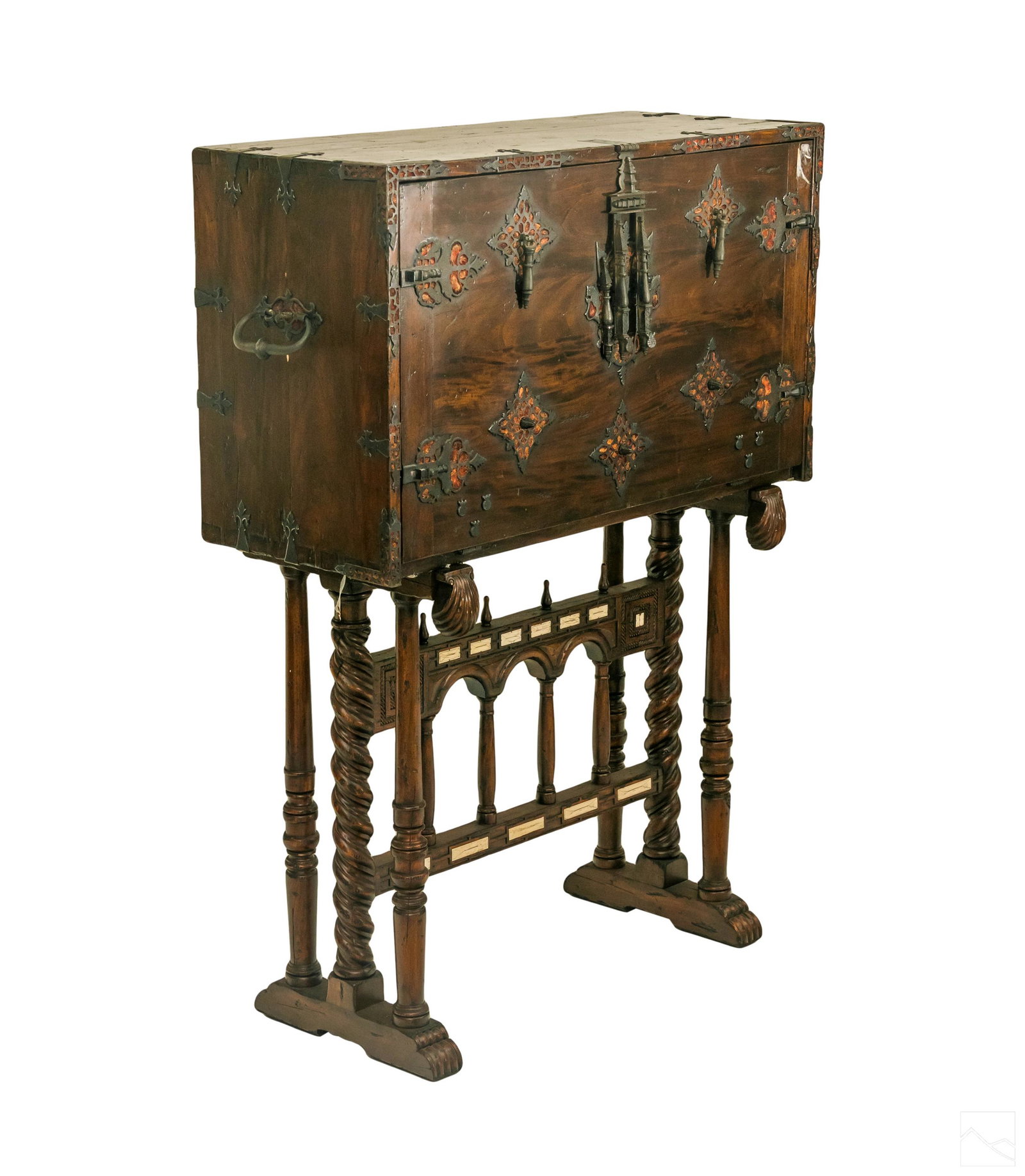 17C. Style Spanish Vargueno Desk Cabinet and Stand: 17th Century style Spanish Vargueno cabinet on stand. Heavy iron latches and locks on front of drop down door. Opens to reveal a splendid parcel gold gilt interior. Drawers and doors with carved and d