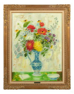 Le Pho (1907-2001) Floral Still Life Oil Painting: Le Pho (Vietnamese, 1907-2001) Original oil painting on canvas. A colorful gallery sized still life composition painting in a colorful and vivid palette. Artist signature Le Pho in English and Vietnam