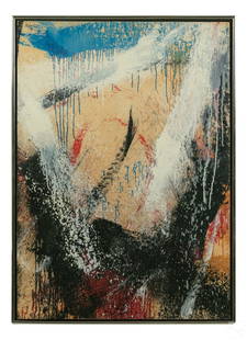 Norman Bluhm (1921-1999) Abstract Action Painting: Norman Bluhm (American, 1921-1999). Original oil painting on paper mounted to board. Titled, "The Bull." An action painting produced in a style of abstract expressionism, with a profusion of colors in