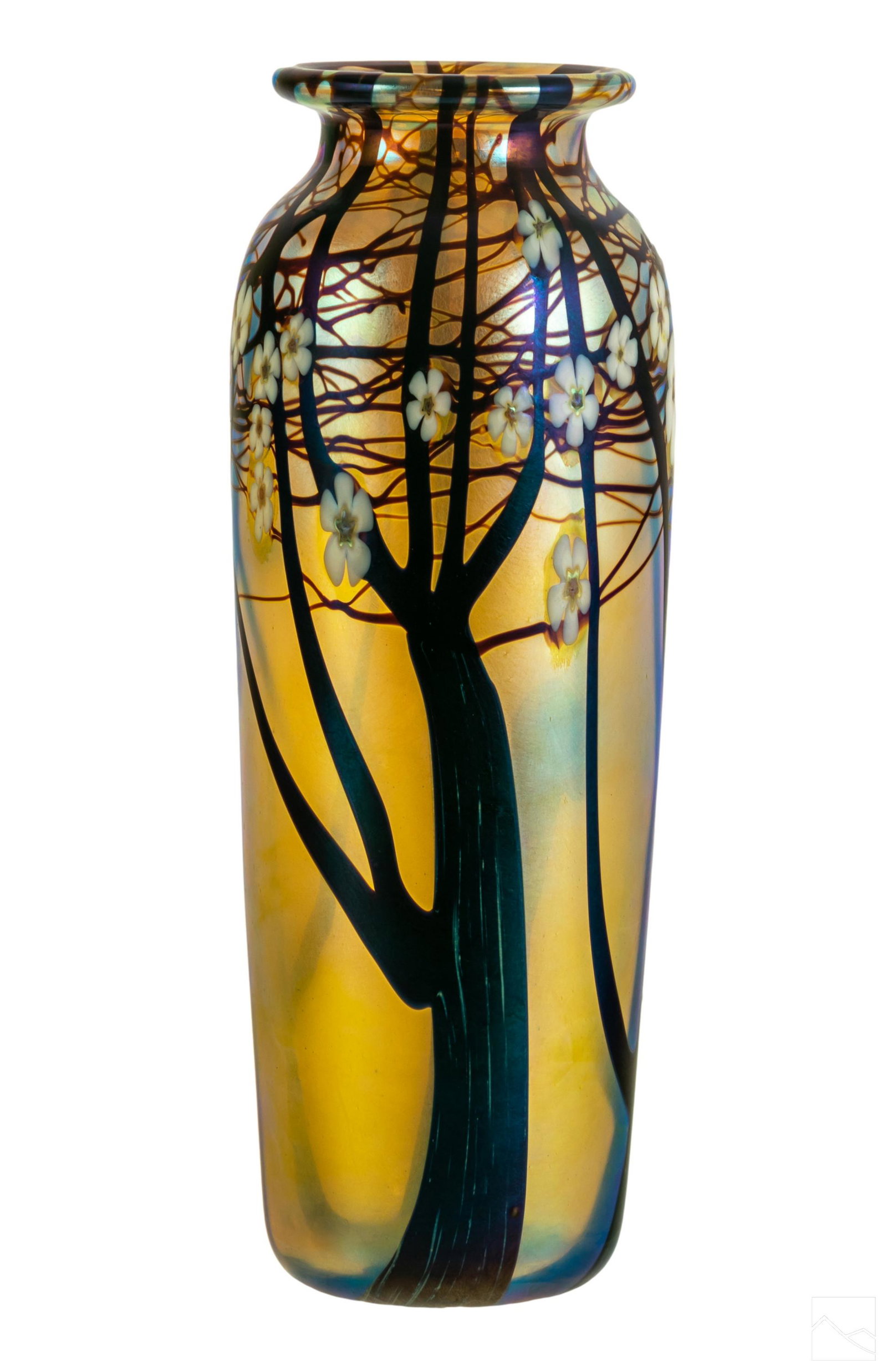Orient and Flume Hawthorne Studio Art Glass Vase: Signed Orient & Flume studio art glass floral landscape vase. Hand blown in Chico California. Features the Hawthorne design with blossoming tree against a gold iridescent background. Signature on bott