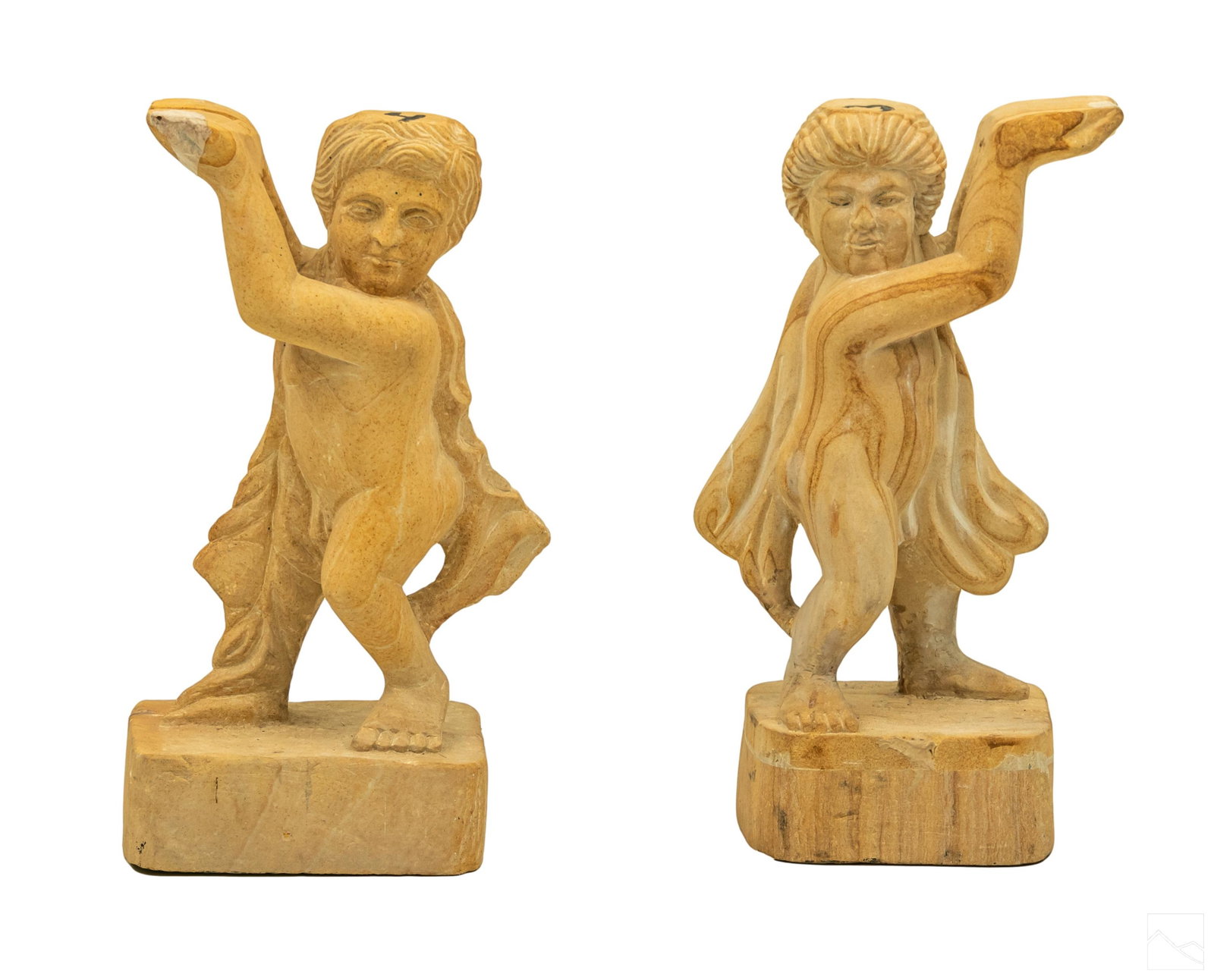 Carved Pair Sandstone Putti Cherubs Table Supports: Hand carved sandstone type material. Neoclassical figural design with Putti supporting a shelf or top. From "Villa Casa Casuarina", South Beach Miami, Florida. SHIPPING Hill Auction Gallery does not o