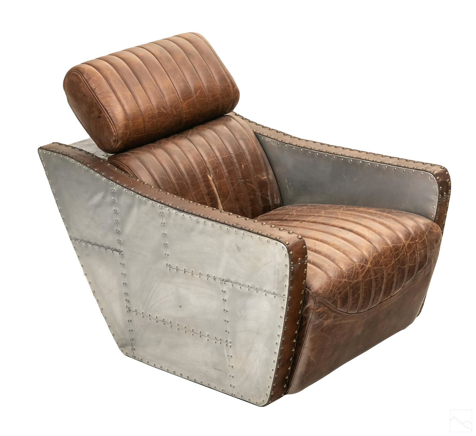Modern Art Deco Aviator Pilots Leather Club Chair: Modern Art Deco aviator pilots style leather and metal riveted club chair. Features high polished metal frame with rich distressed brown leather upholstery. SHIPPINGHill Auction Gallery does not offer