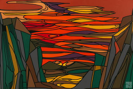 Leon Gordon Miller (1917-1985) SIGNED Woodblock AP: Leon Gordon Miller (American, 1917-1985). Artist's Proof AP wood block print. Titled, "The Valley of Dry Bones." An abstract landscape with rock formations in a colorful palette. Inspired by a prophec