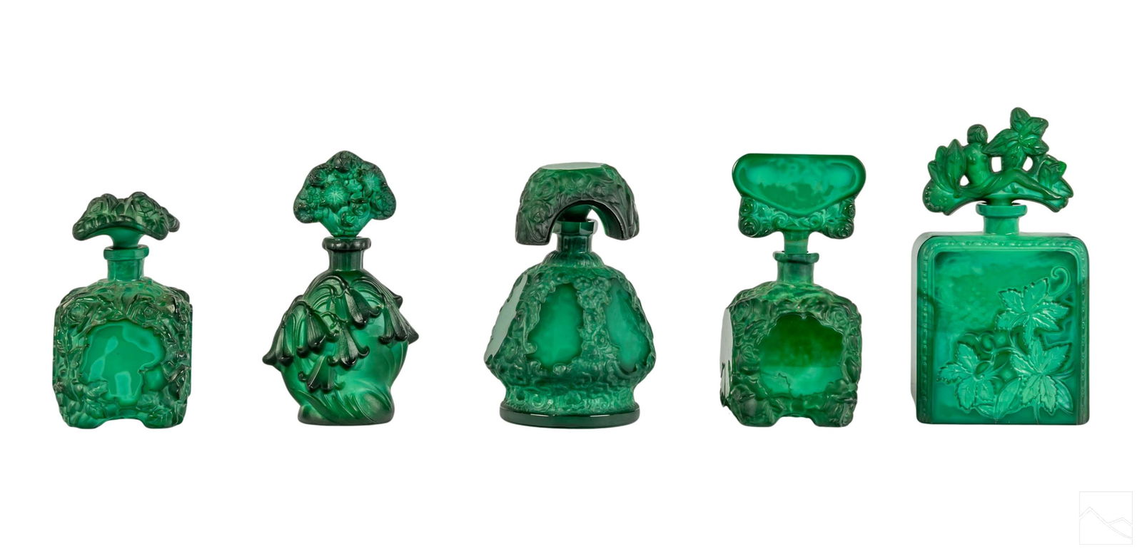 Art Deco Malachite Glass Perfume Scent Bottles LOT: Collection of five Art Deco scent perfume bottles and dispensers made in striking emerald green malachite glass. Includes: one rectangular form bottle with foliate and figural nude female finial, havi