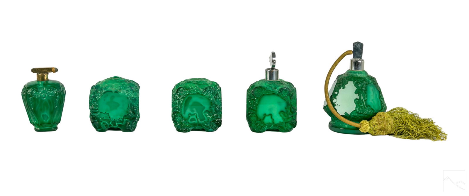 Art Deco Malachite Glass Perfume Scent Bottles LOT (1 of 6)