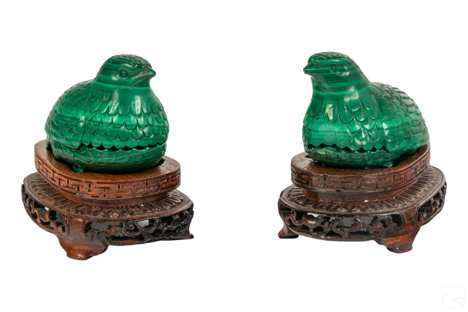 Chinese Export Pair of Malachite Bird Lidded Boxes (1 of 5)