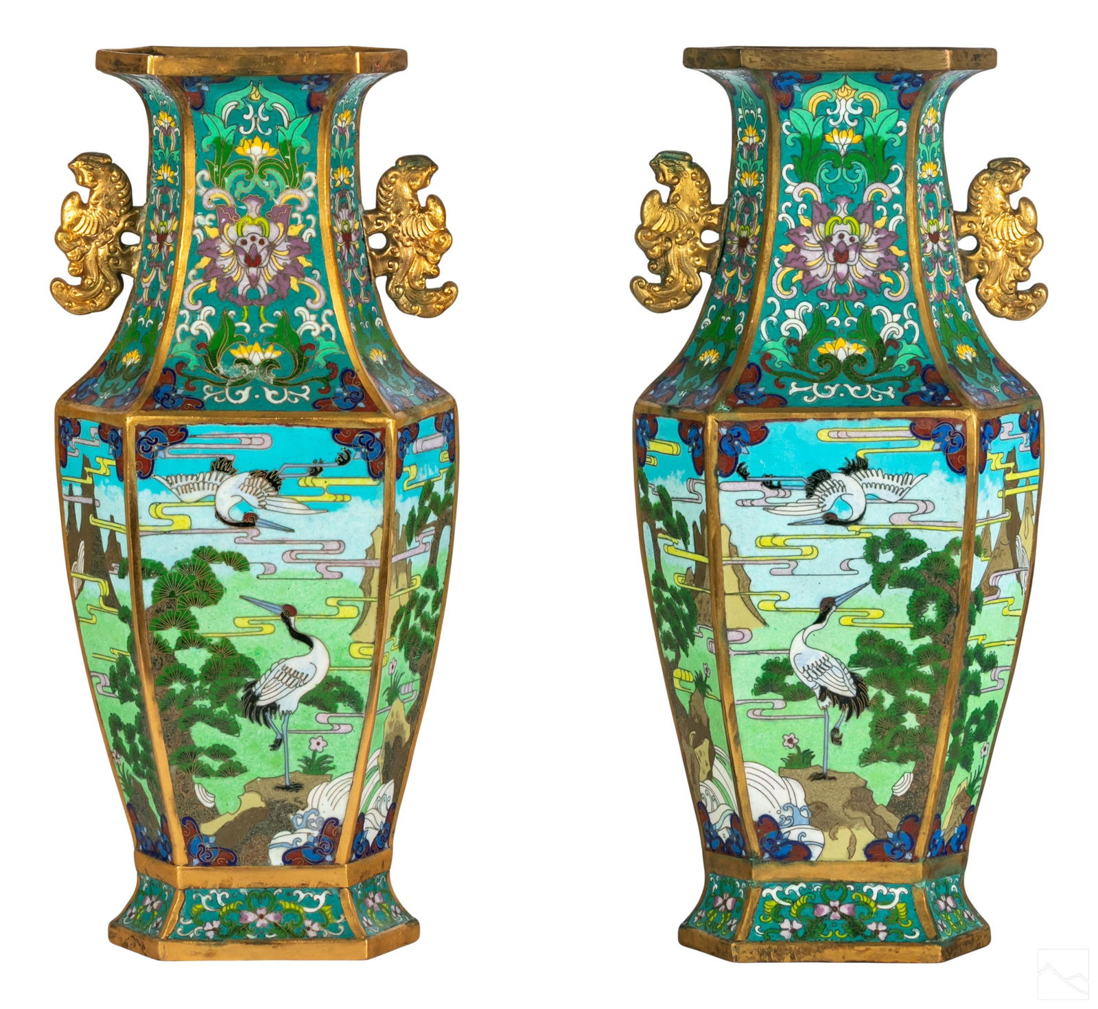 Chinese Cloisonne Hexagonal Crane Landscape Vases (1 of 10)