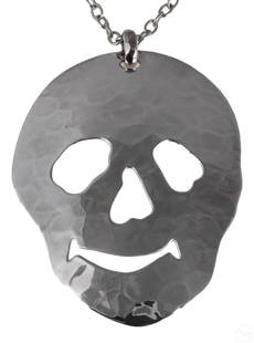 Andy Warhol by Robert Lee Morris Skull Necklace: Produced for the Andy Warhol Foundation by Robert Lee Morris (born 1947). Single sterling silver skull pendant on chain marked RLM 925 Sterling. Robert Lee Morris Andy Warhol jewelry. Chain and skull