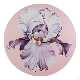 Lowell Nesbitt (1933-1993) Still Life Oil Painting: Lowell Nesbitt (American, 1933-1993). An original oil painting on canvas. "Iris Tondo '79" depicts a lush purple iris flower in a round design. Gorgeous coloration and shading. Signed and titled on