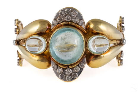 18K Gold Gennady Osmerkin AQ and Diamonds Bracelet: An 18k gold bracelet designed and hand crafted by Gennady Osmerkin (Russian American, 1946-2019). Set with 19mm x 19mm center Aquamarine flanked by two cabochon cut aquamarine gemstones and 28 bezel