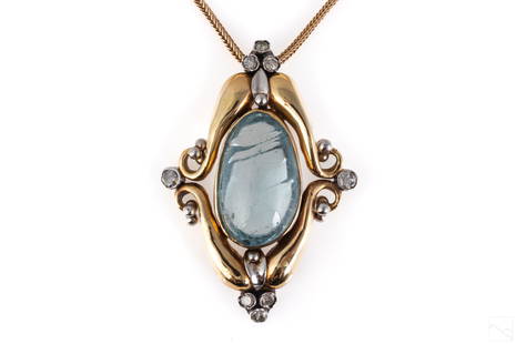 18K Gold Gennady Osmerkin AQ and Diamonds Pendant: An 18k gold aquamarine and diamond pendant with 14k gold chain, designed by Gennady Osmerkin (Russian American, 1946-2019). Aquamarine measures 20mm x 10.59mm. Round bezel set diamonds accent the