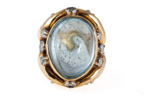 18K Gold Gennady Osmerkin AQ and Diamond Ring Sz 5: An 18k gold aquamarine ring with accent diamonds, designed by Gennady Osmerkin (Russian American, 1946-2019). Aquamarine measures 21mm x 16mm. Accented with round cut diamonds with an approximate