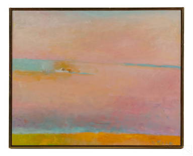 Wolf Kahn 1927-2020 Wetland Landscape Oil Painting: Wolf Kahn (German American, 1927-2020). An original oil painting on canvas, produced circa 1995. An abstract color field coastal landscape composition, possibly a beach seascape or wetlands scene,