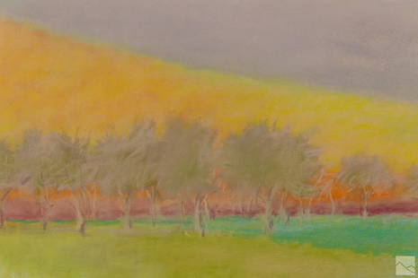 Wolf Kahn (1927-2020) Forest Landscape Painting: Wolf Kahn (German American, 1927-2020). An original watercolor and pastel painting on paper. An abstract color field forest landscape composition. Artist signed to lower right W KAHN, having BOCA