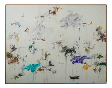 Kikuo Saito 1939-2016 Modernist Abstract Painting: Kikuo Saito (Japanese American, 1939-2016). Oversized original mixed media oil and acrylic work on canvas painting. Titled, "Scotch Umbrella." An abstract composition design with vibrant color