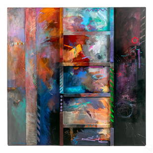 Jonas Gerard (b.1941) Modern Abstract 3-D Painting: Jonas Gerard (American, born 1941). Original mixed media painting on canvas. A colorful, gallery size abstract work painting with textured, impasto style elements, and overlaid by rivets with wood in
